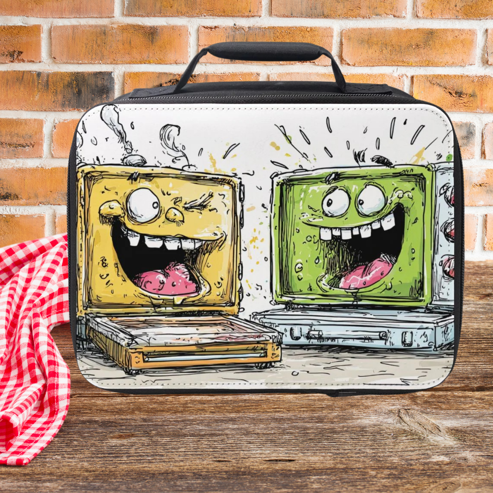 Lunch bag with cartoon design of a microwave and oven sitting on a wooden picnic table against a brick wall background