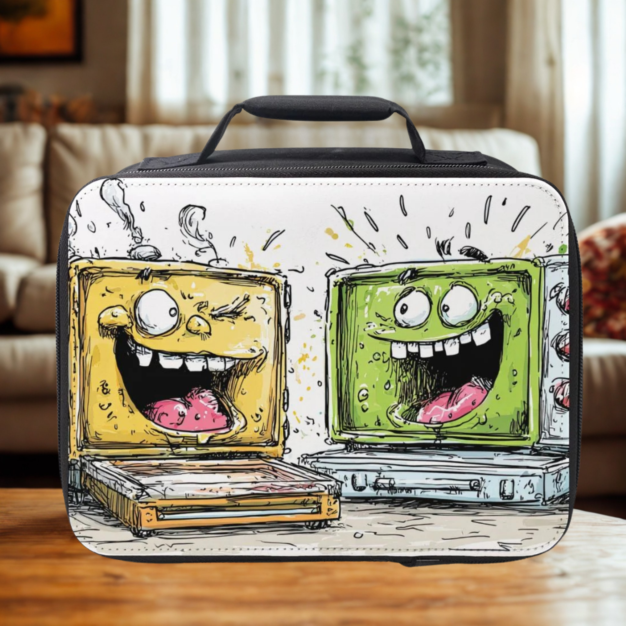 Lunch bag with cartoon character microwave and oven design on a wooden living room table.