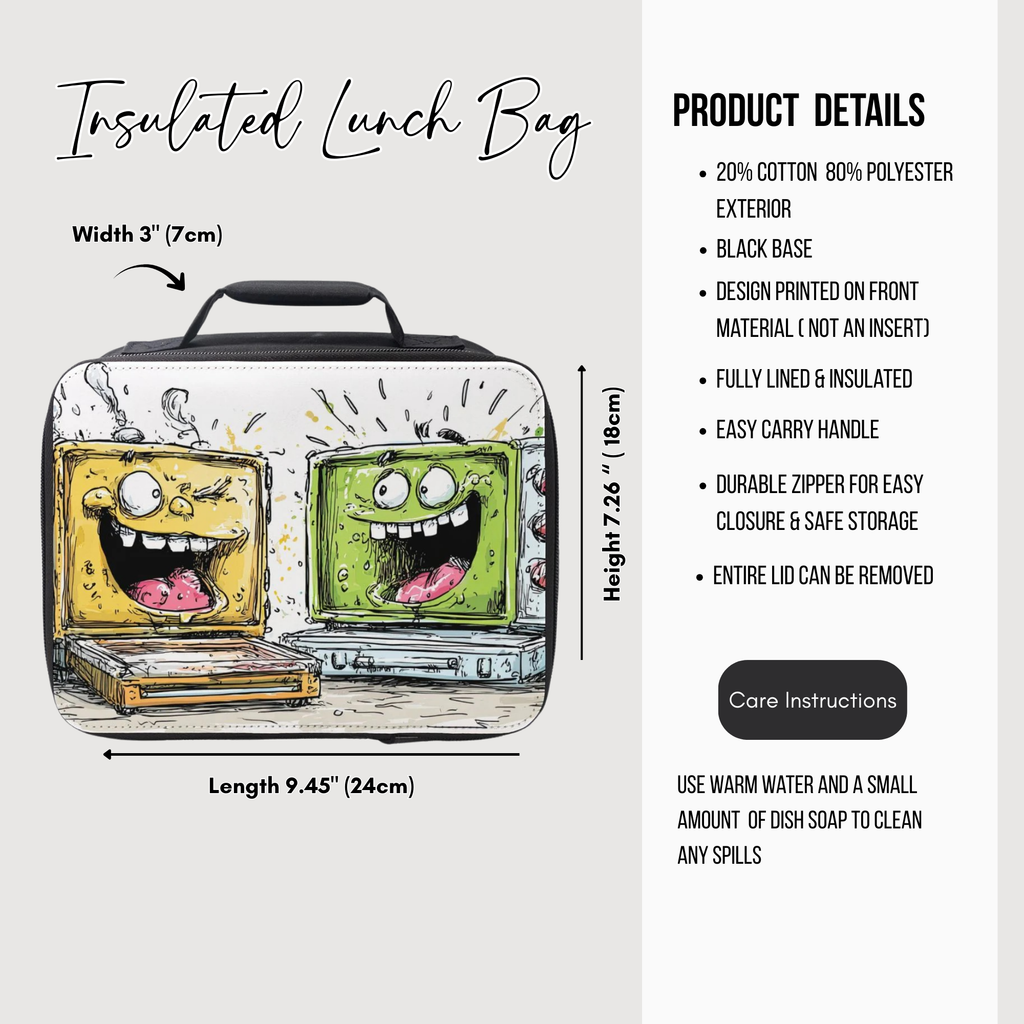 Insulated lunch bag with cartoon design and product details on a white background