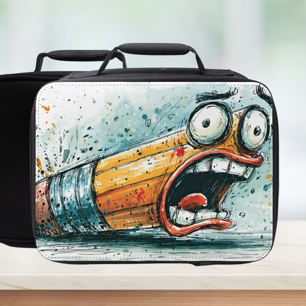 Lunch bag with a cartoonish design of a screaming pencil on a light background