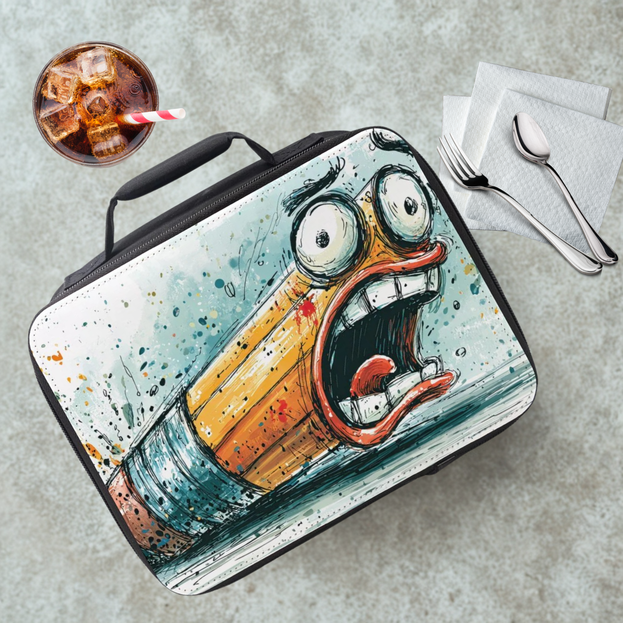 Lunch bag with a cartoon character pencil design on a cafeteria table with a drink and utensils.