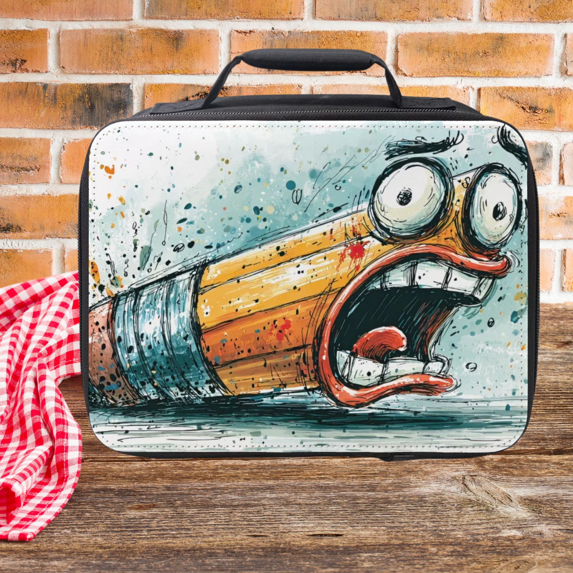 Lunch bag with a cartoonish design of a pencil with a face on a picnic table against a brick wall background