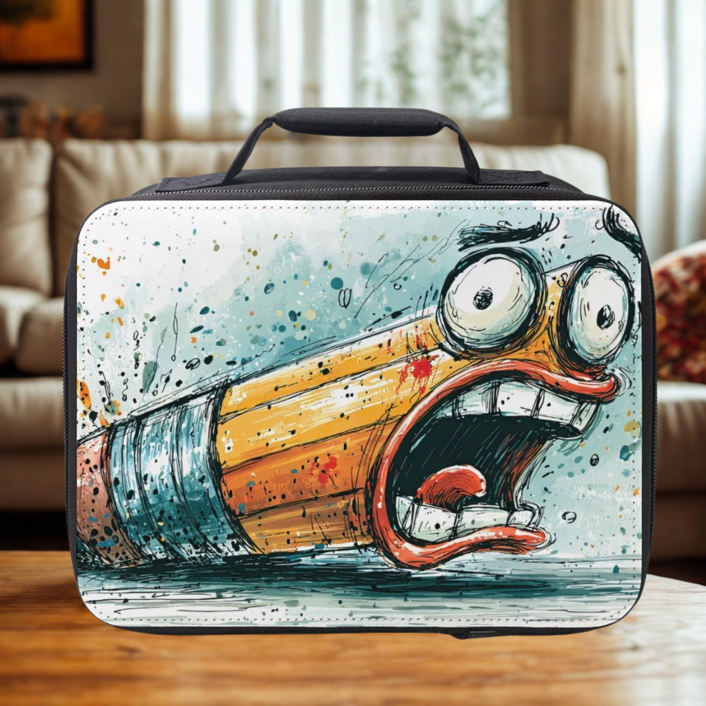  insulated lunch bag with a cartoon design of a screaming character pencil on a wooden table in a living room.