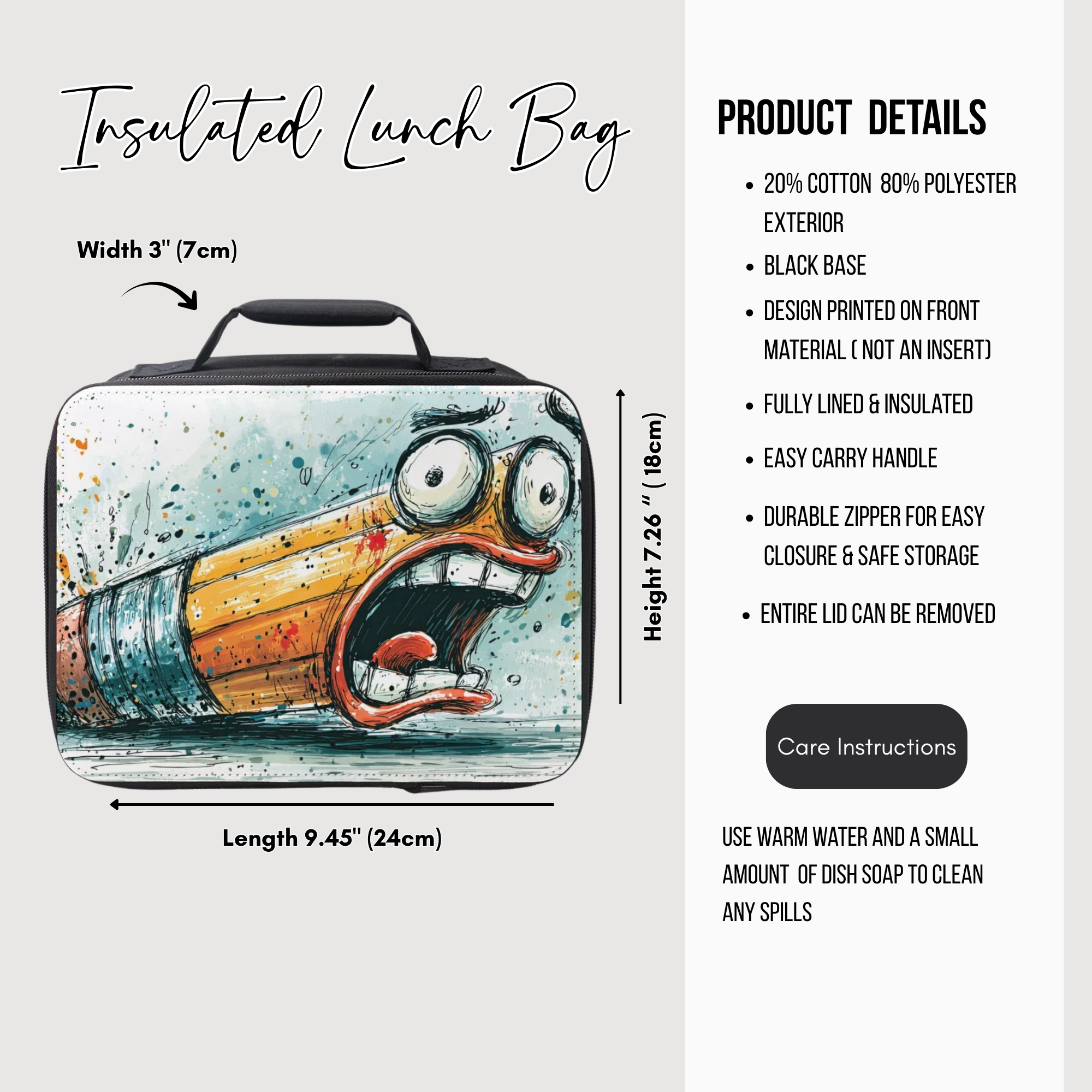 Insulated lunch bag with cartoon design  of a pencil and product details on a white background