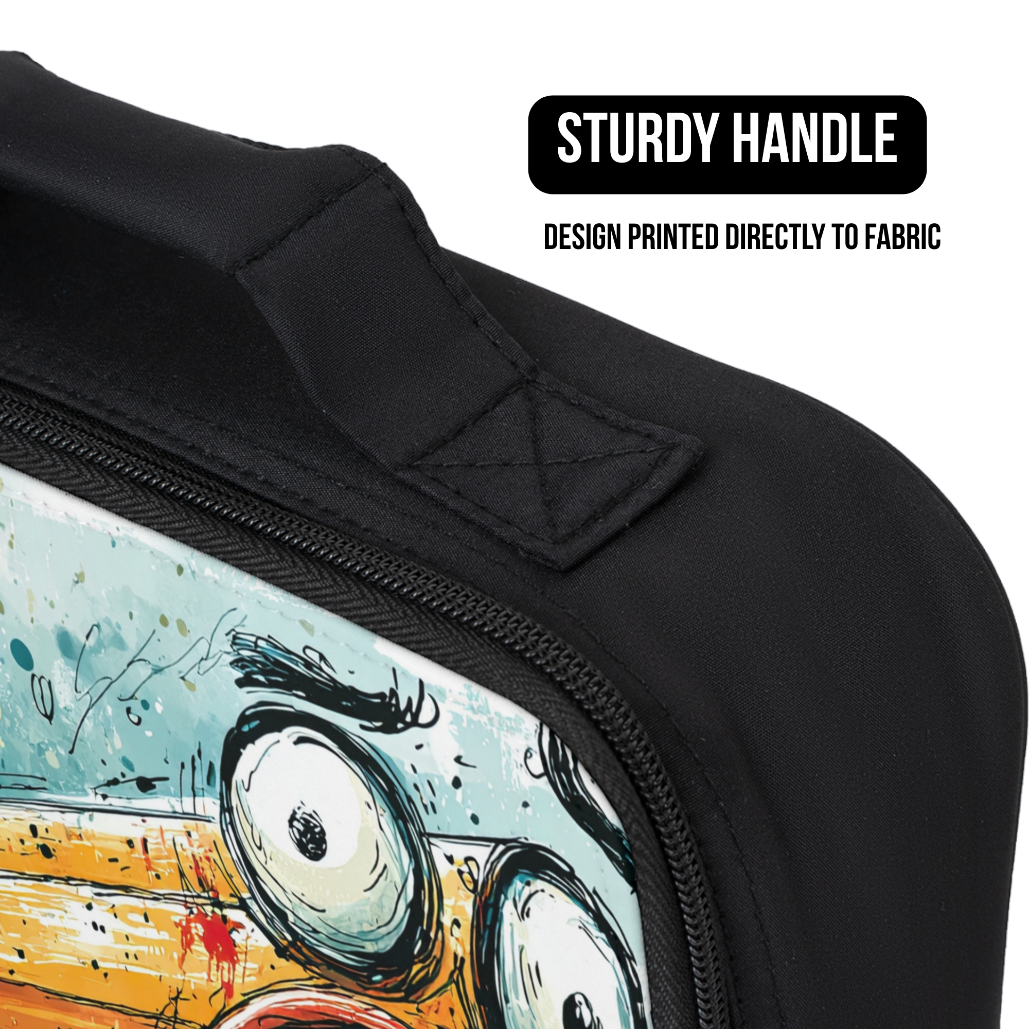 Close up of  a black lunch bag with a colorful design and sturdy handle feature on a white background