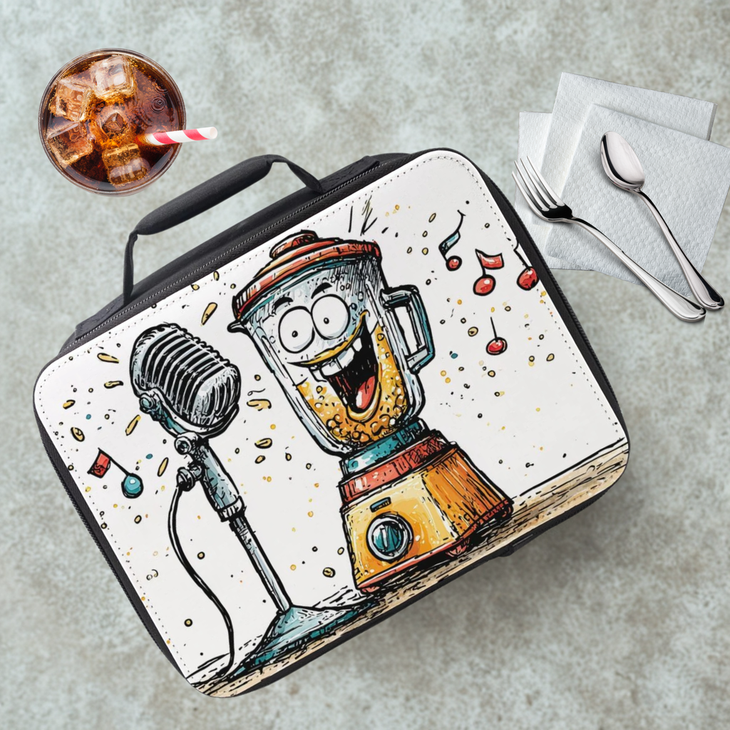 Lunch bag with a cartoon design of a blender and microphone on a cafeteria table with a drink and utensils.