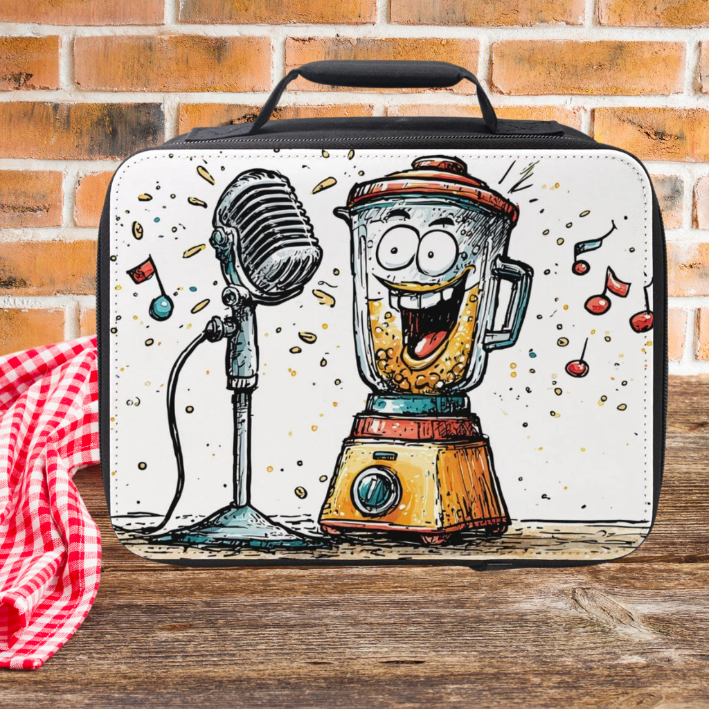 Lunch box with a cartoon blender and microphone design on a picnic table against a brick wall background