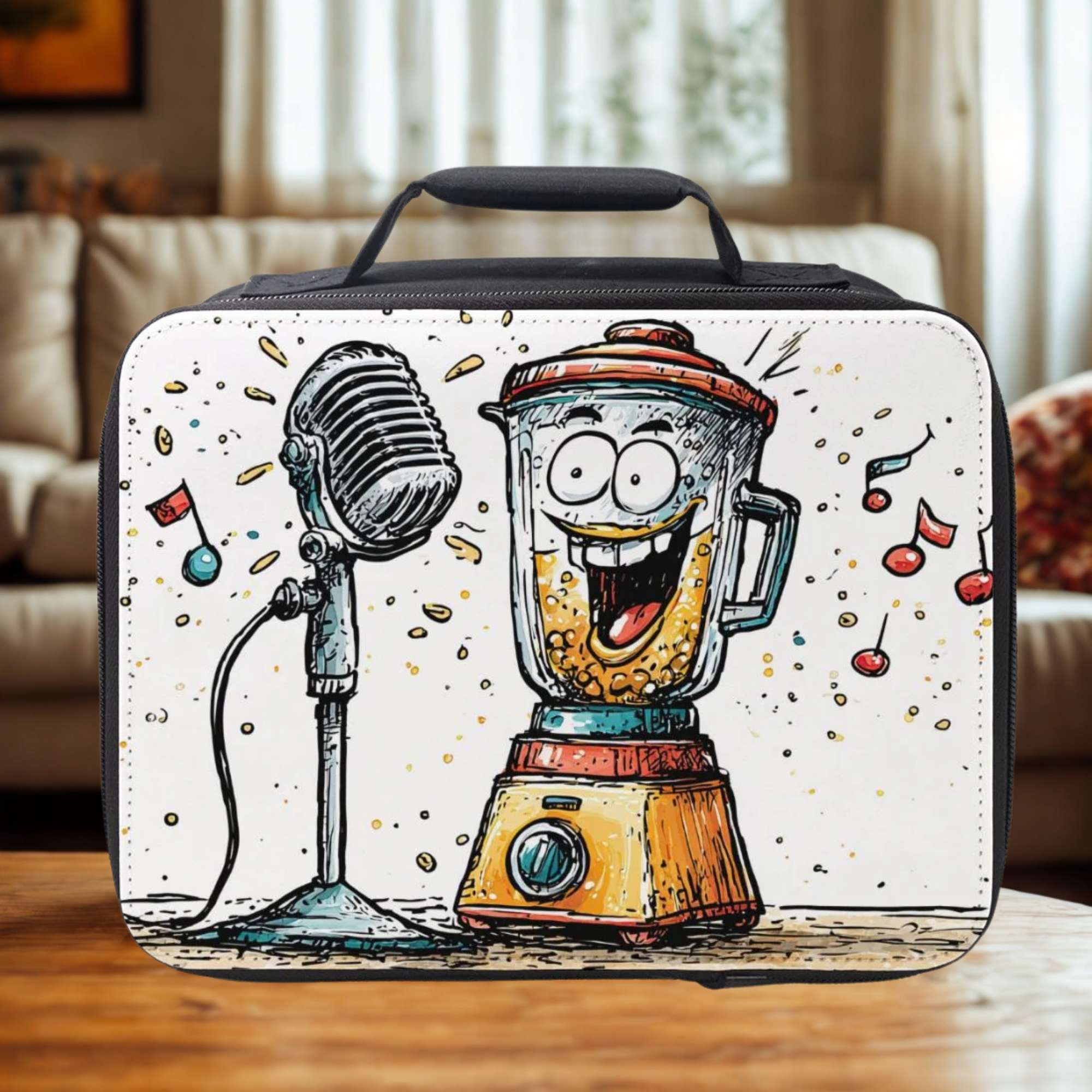  insulated lunch bag with cartoon blender and microphone design on a wooden living room table.