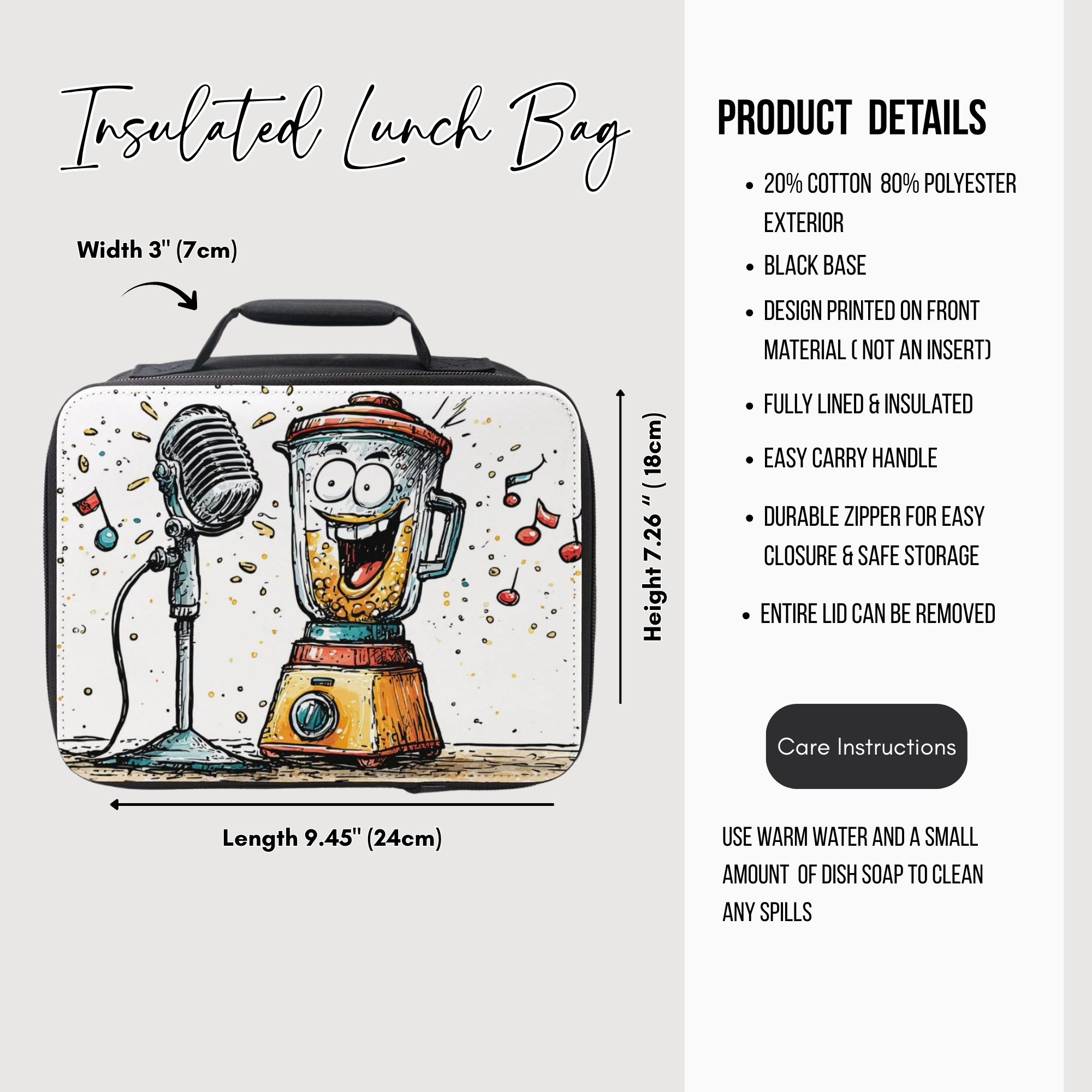 Insulated lunch bag with cartoon design of a blender and microphone, featuring product details on a white background.