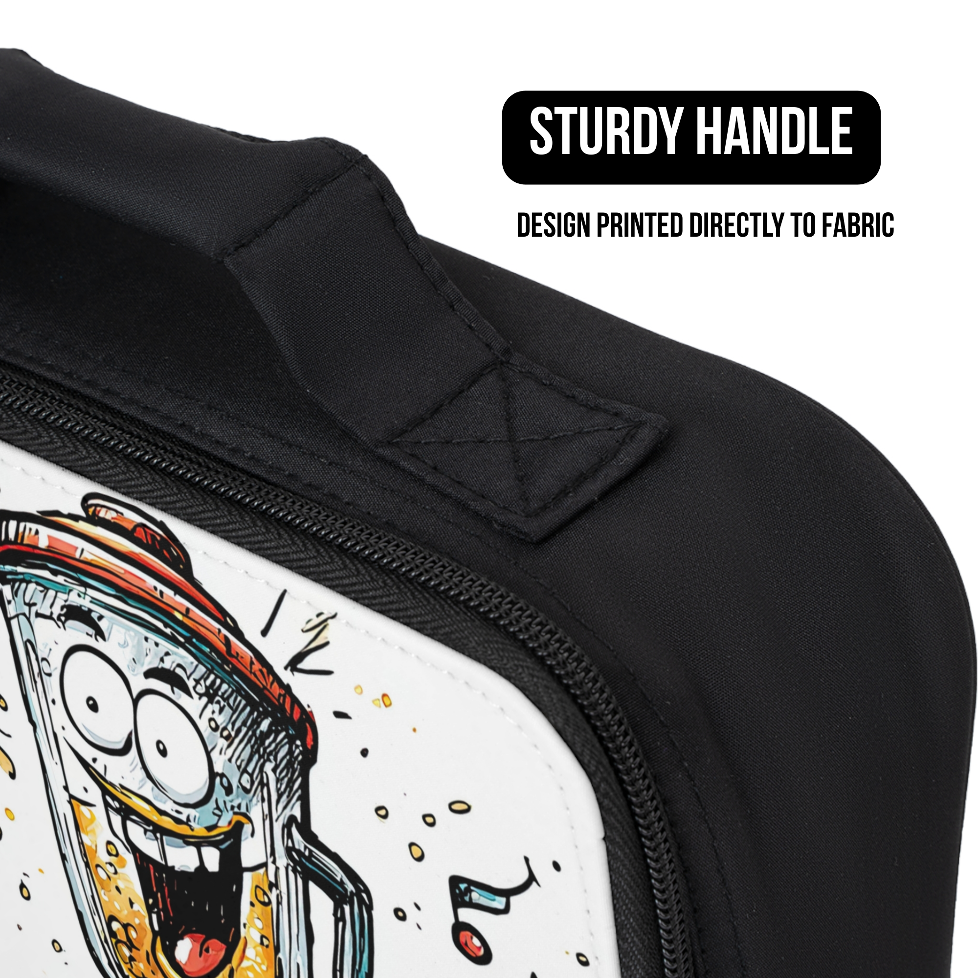 close up of a black lunch bag with a cartoon blender printed directly to the fabric and a sturdy handle.