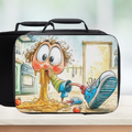 Lunch bag with cartoon character eating spaghetti sitting on the floor stretching out on a wooden surface.