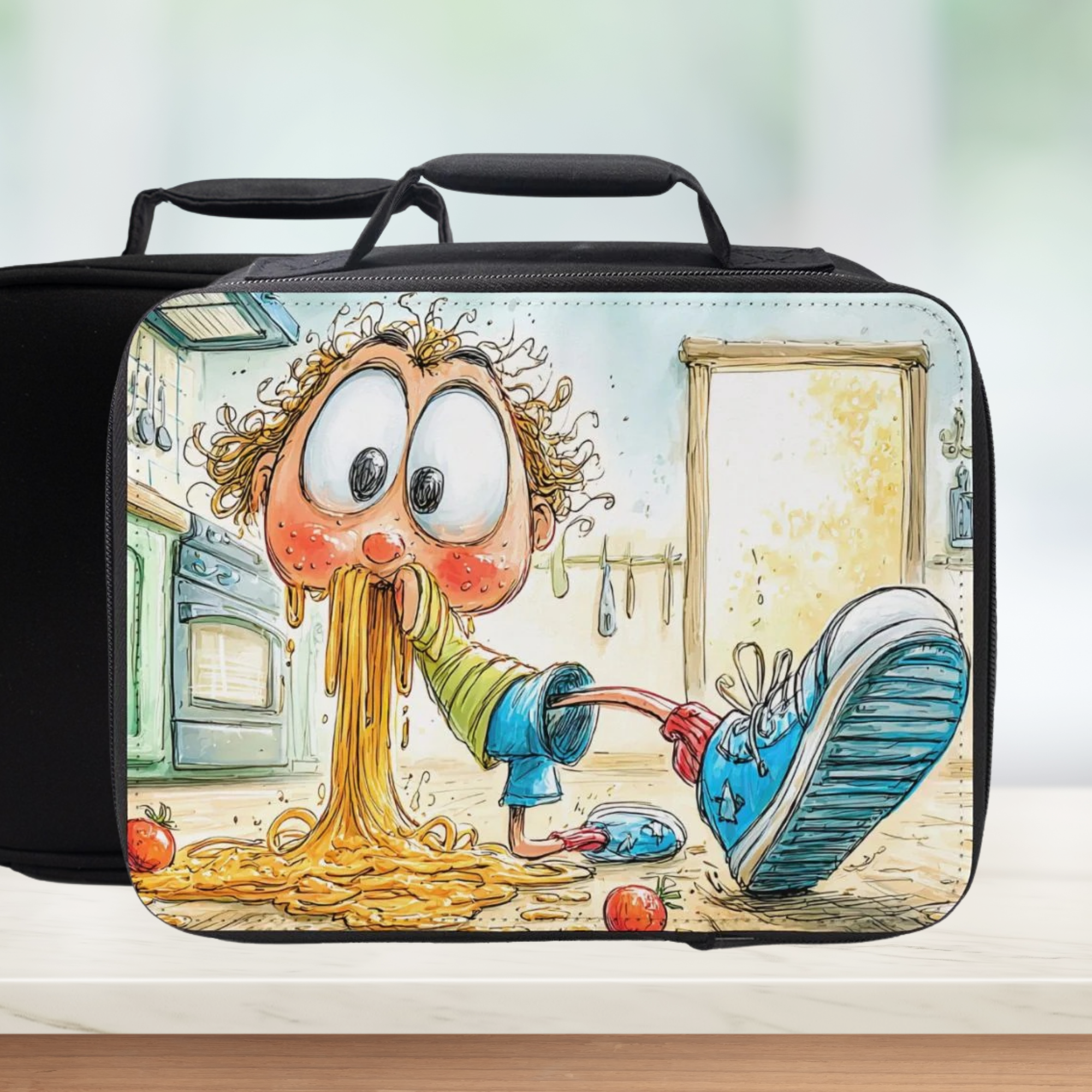 Lunch bag with cartoon character eating spaghetti sitting on the floor stretching out on a wooden surface.