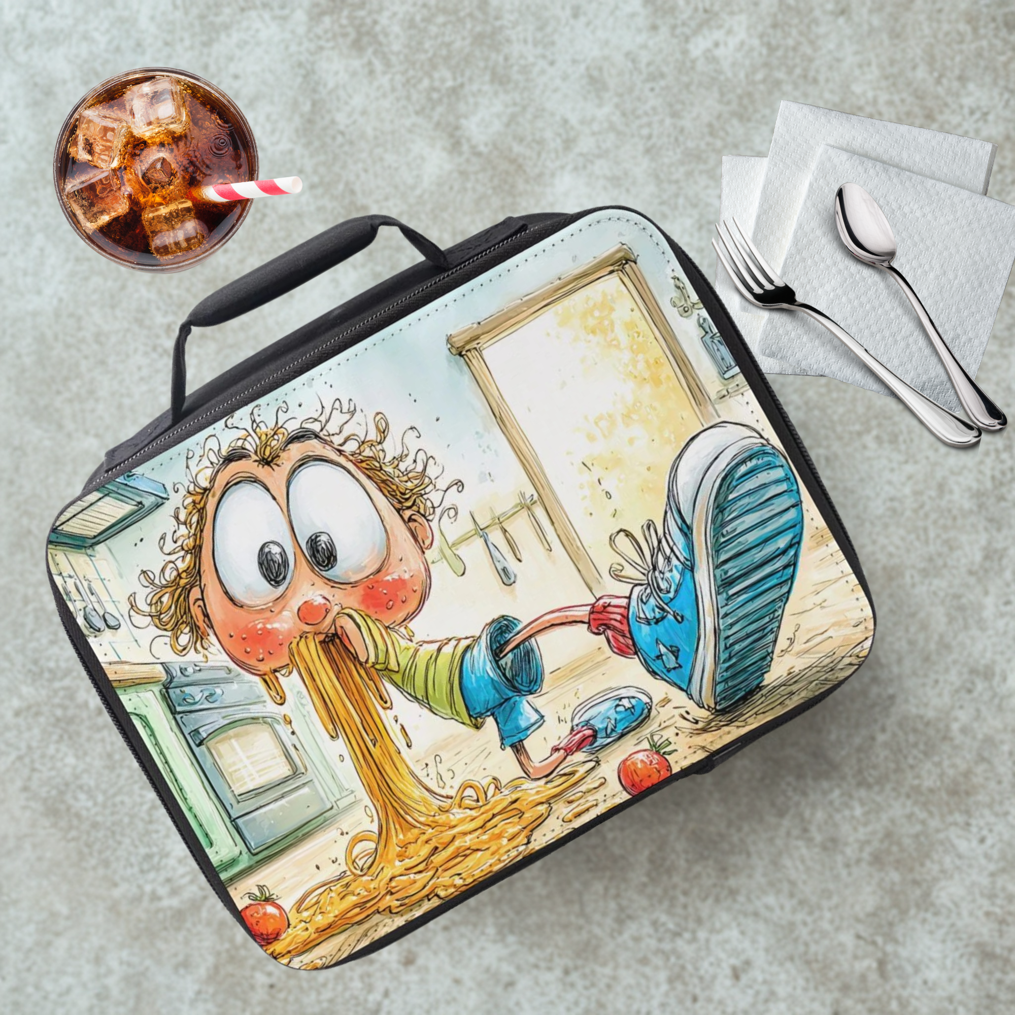 Cartoon-themed lunch bag on a cafeteria table with a drink and utensils.
