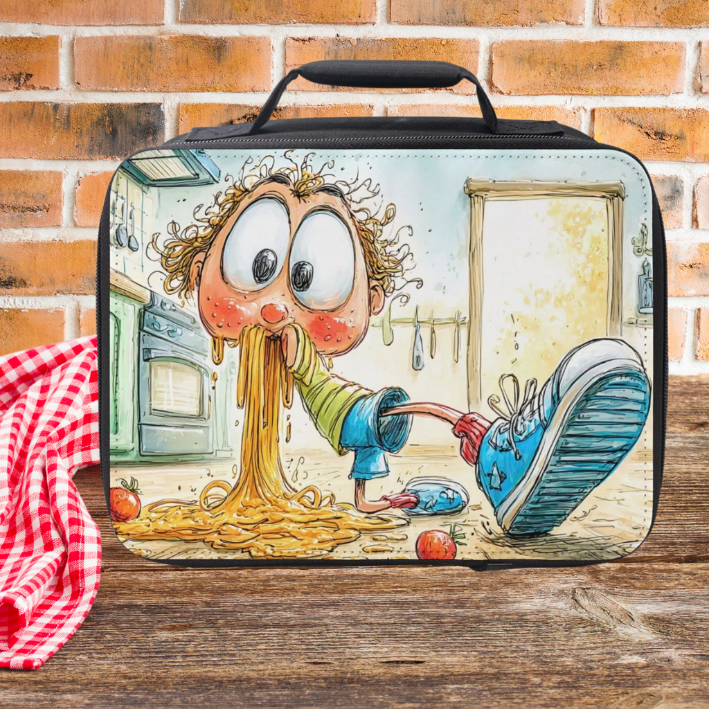 Lunch bag with cartoon character eating spaghetti on a picnic table against a brick wall background