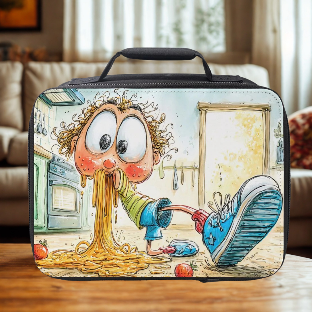 Lunch bag with cartoon character eating spaghetti design on a wooden living room table.