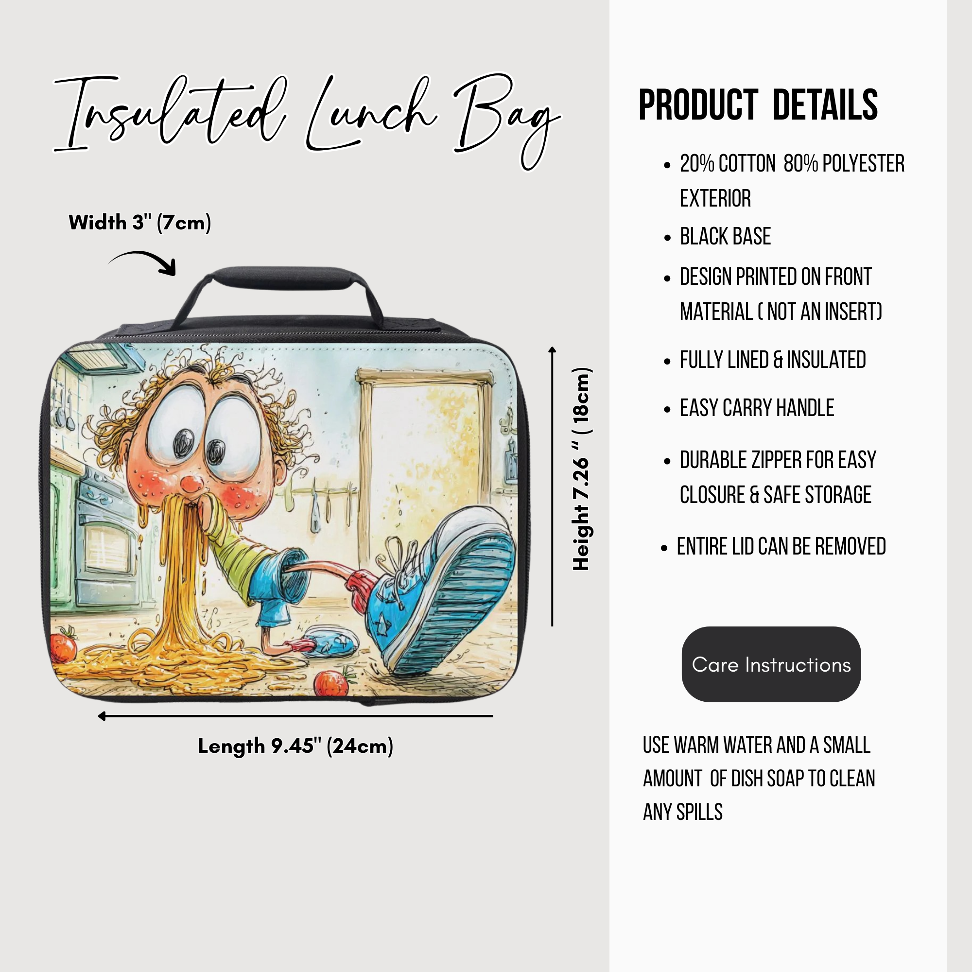 Insulated lunch bag with cartoon design of a boy eating spaghetti and product details on a white background