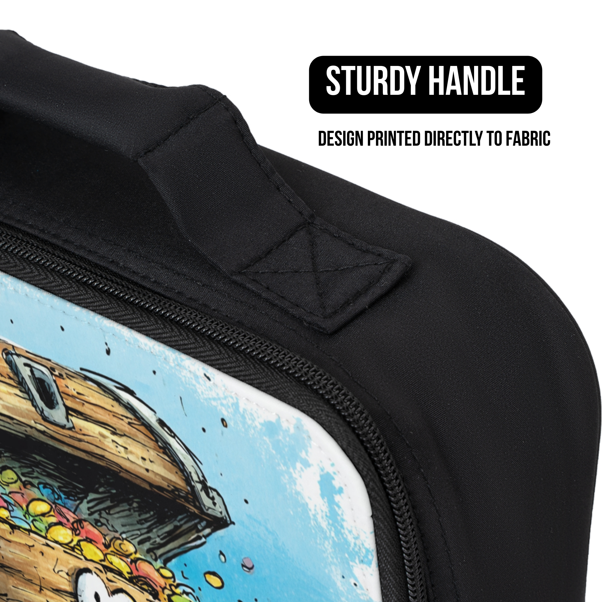 black lunch bag with a cartoon design of a sunken treasure box printed directly to the fabric and a sturdy handle.