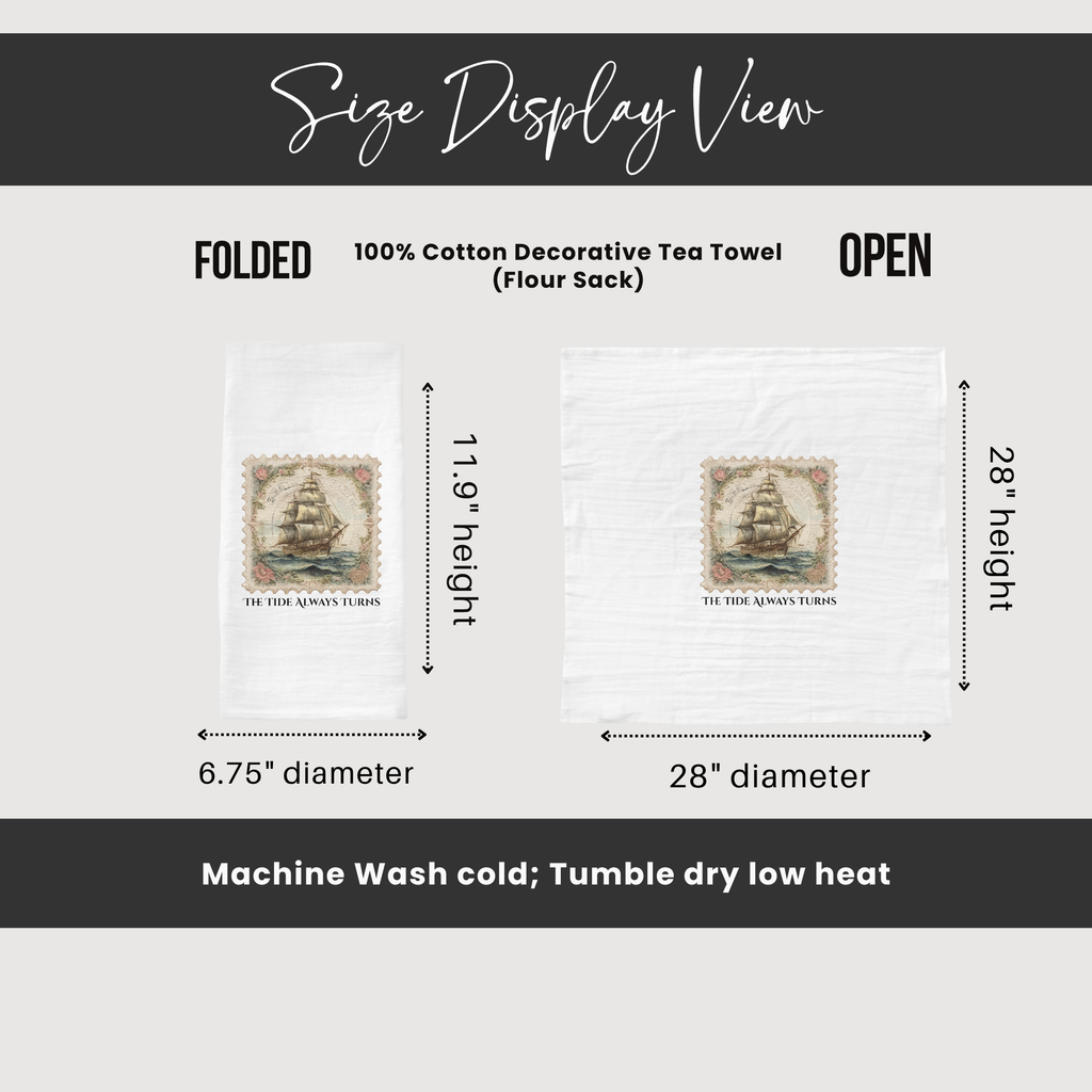 Measurement chart for a decorative tea towel showing folded and open dimensions.
