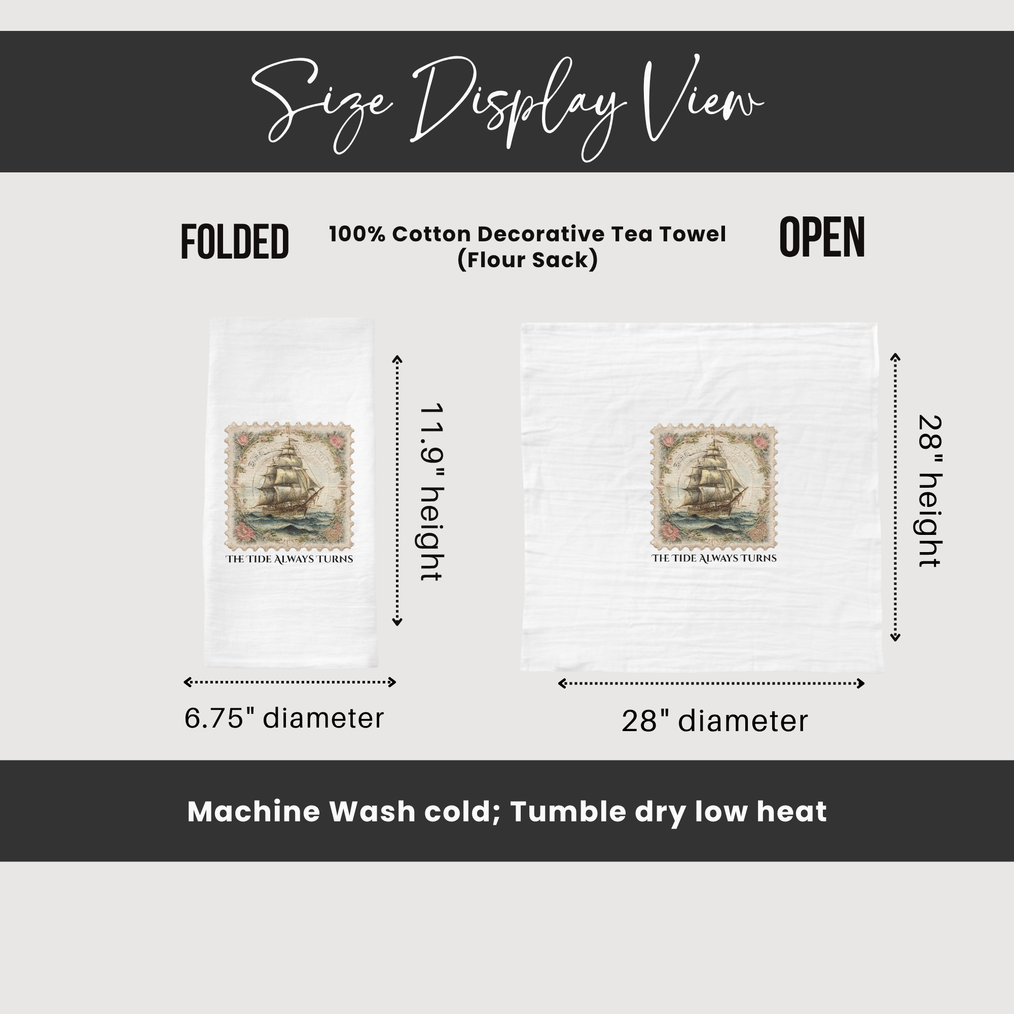 Measurement chart for a decorative tea towel showing folded and open dimensions.