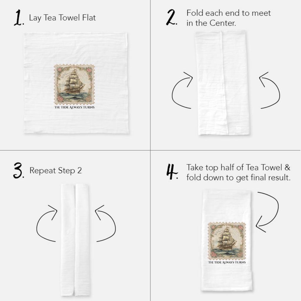Instructions for folding a tea towel with a ship design on a white background