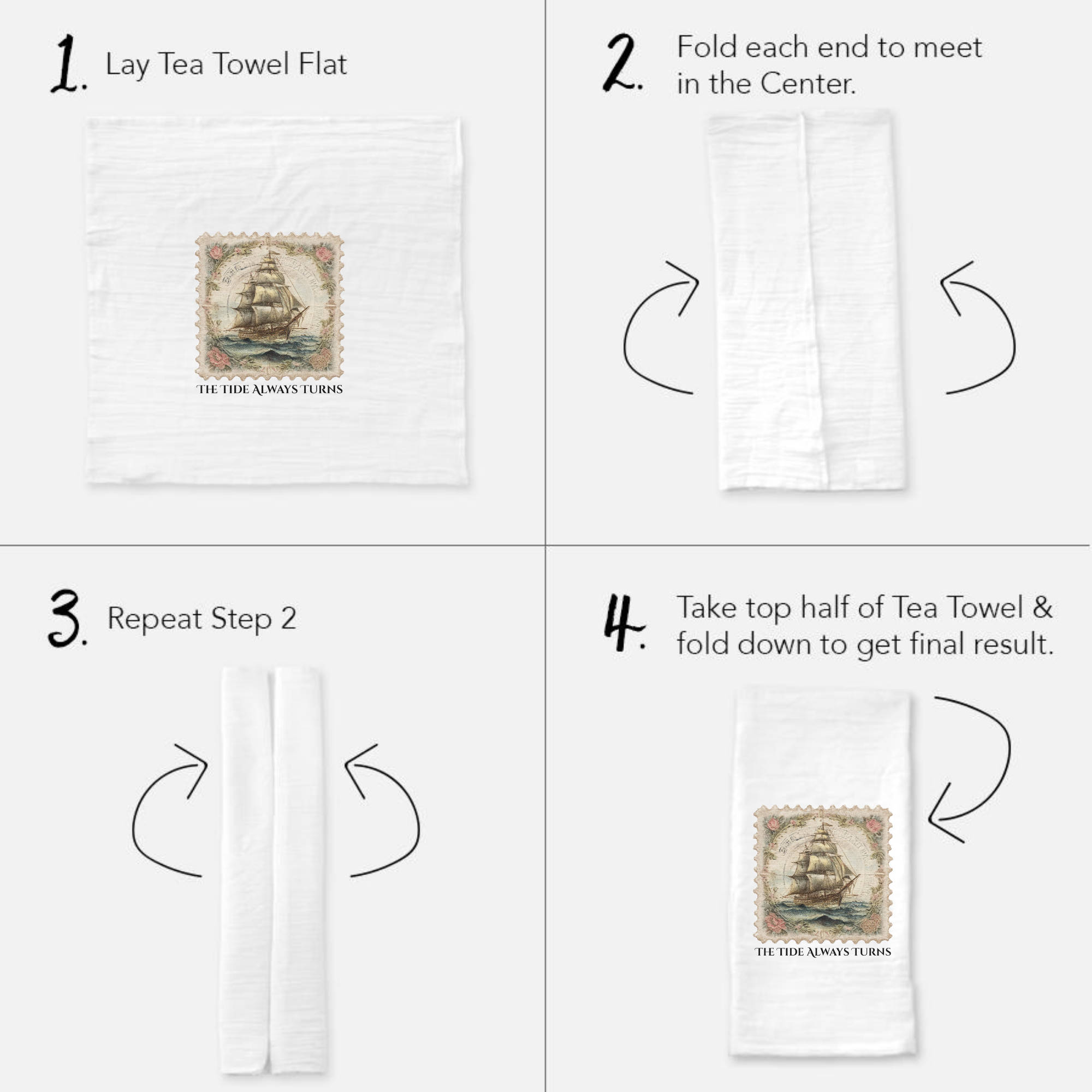 Instructions for folding a tea towel with a ship design on a white background