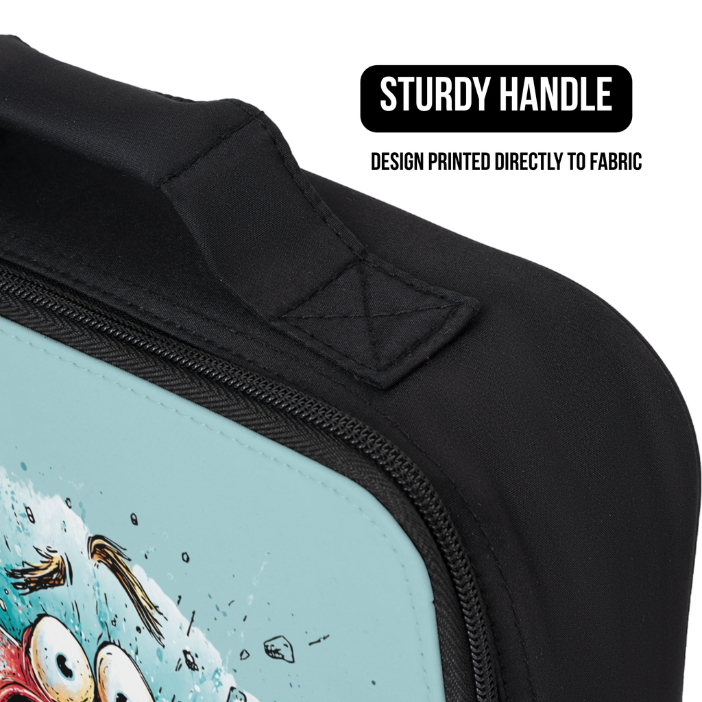 black lunch box with a cartoon sword design printed directly to the fabric and a sturdy handle.