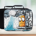  insulated lunch bag with cartoon design of a weather machine character under rain