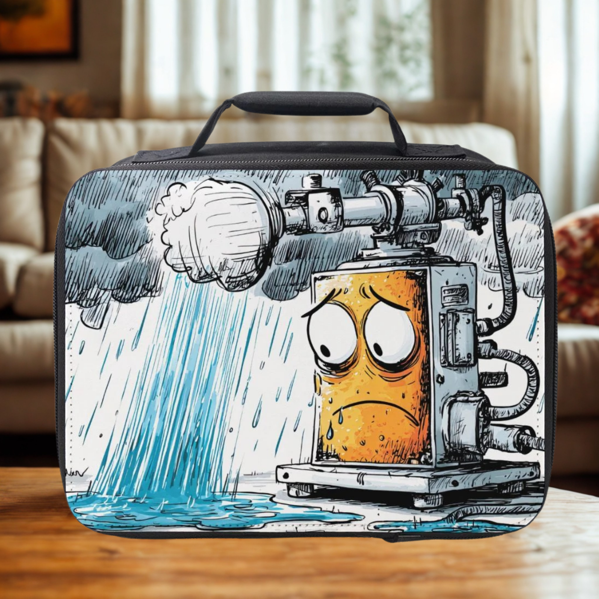  insulated lunch bag with cartoon design of weather machine in rain on a wooden table in a living room.