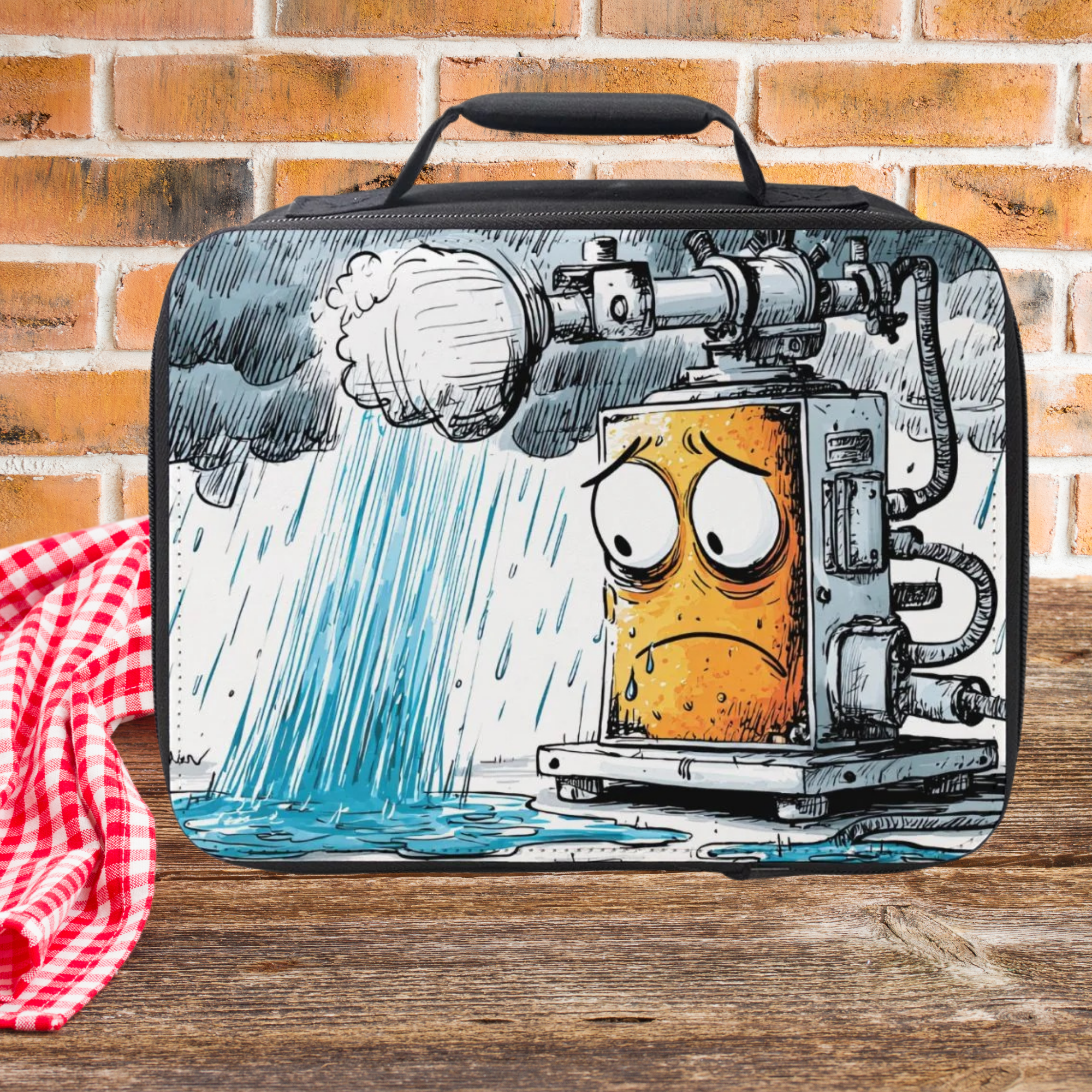 Lunch bag with a cartoon design of a character under a shower on a wooden picnic table against a brick wall background