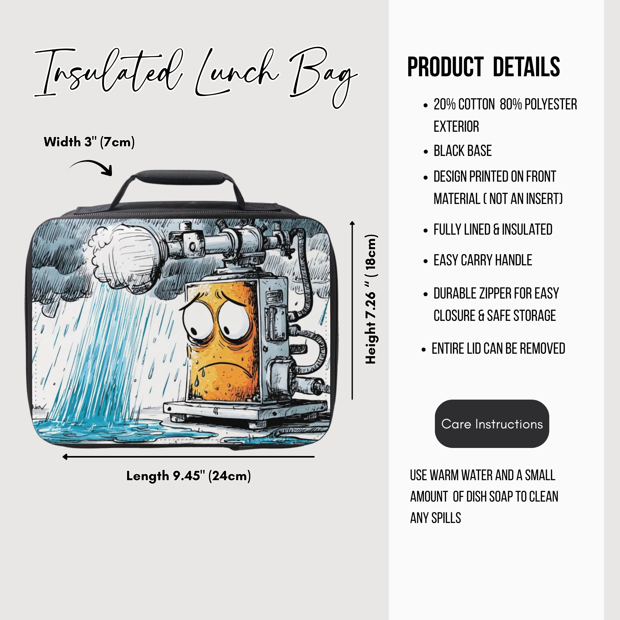 Insulated lunch bag with cartoon design and product details on a white background