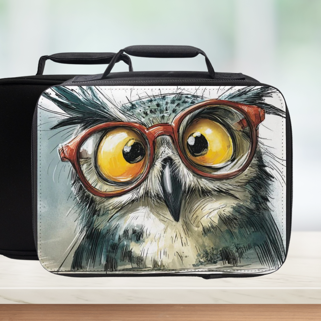 Lunch bag with an owl design wearing glasses on a white background