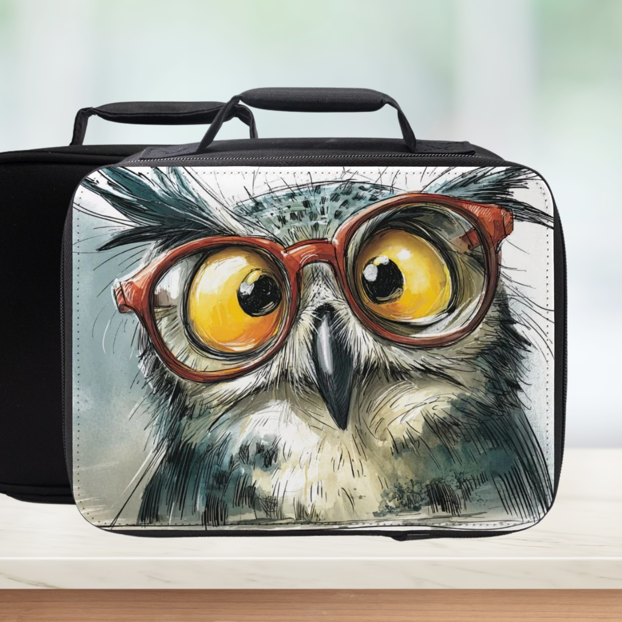 Lunch bag with an owl design wearing glasses on a white background