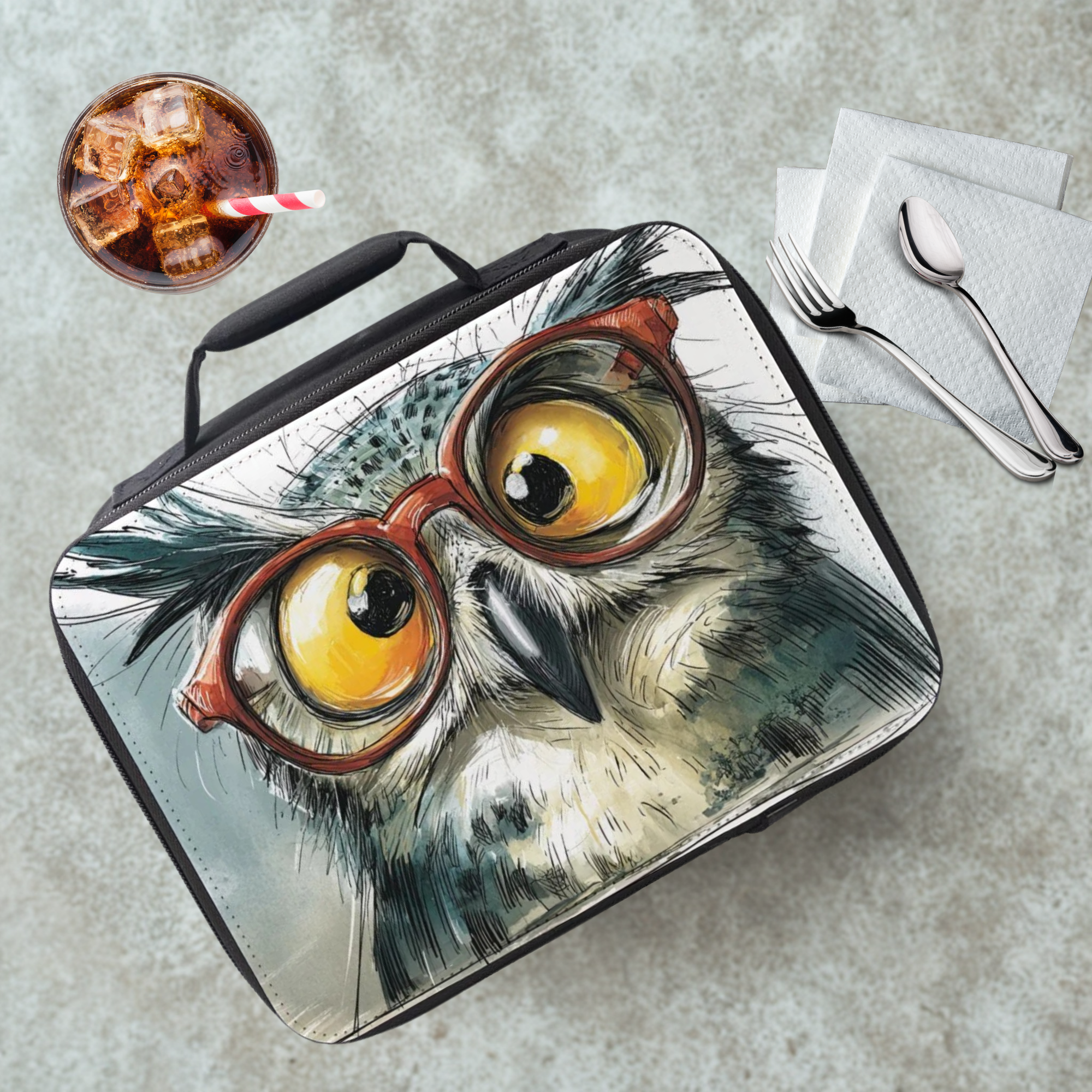  insulated lunch bag with owl design on a cafeteria table with a drink and utensils.