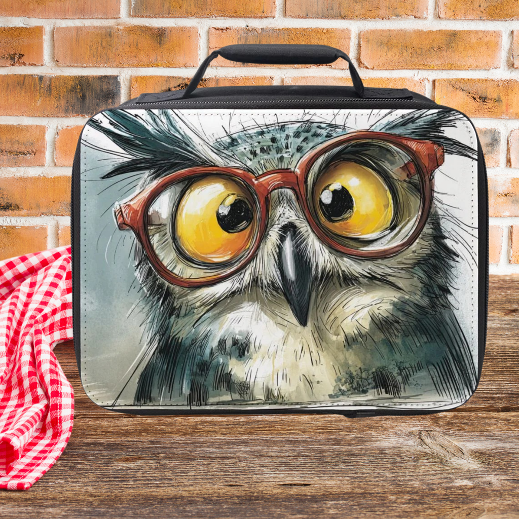 Lunch bag with an owl design wearing glasses on a wooden picnic table with a brick wall background.