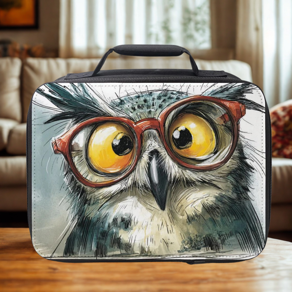 Lunch bag with an owl design wearing glasses on a wooden living room table.