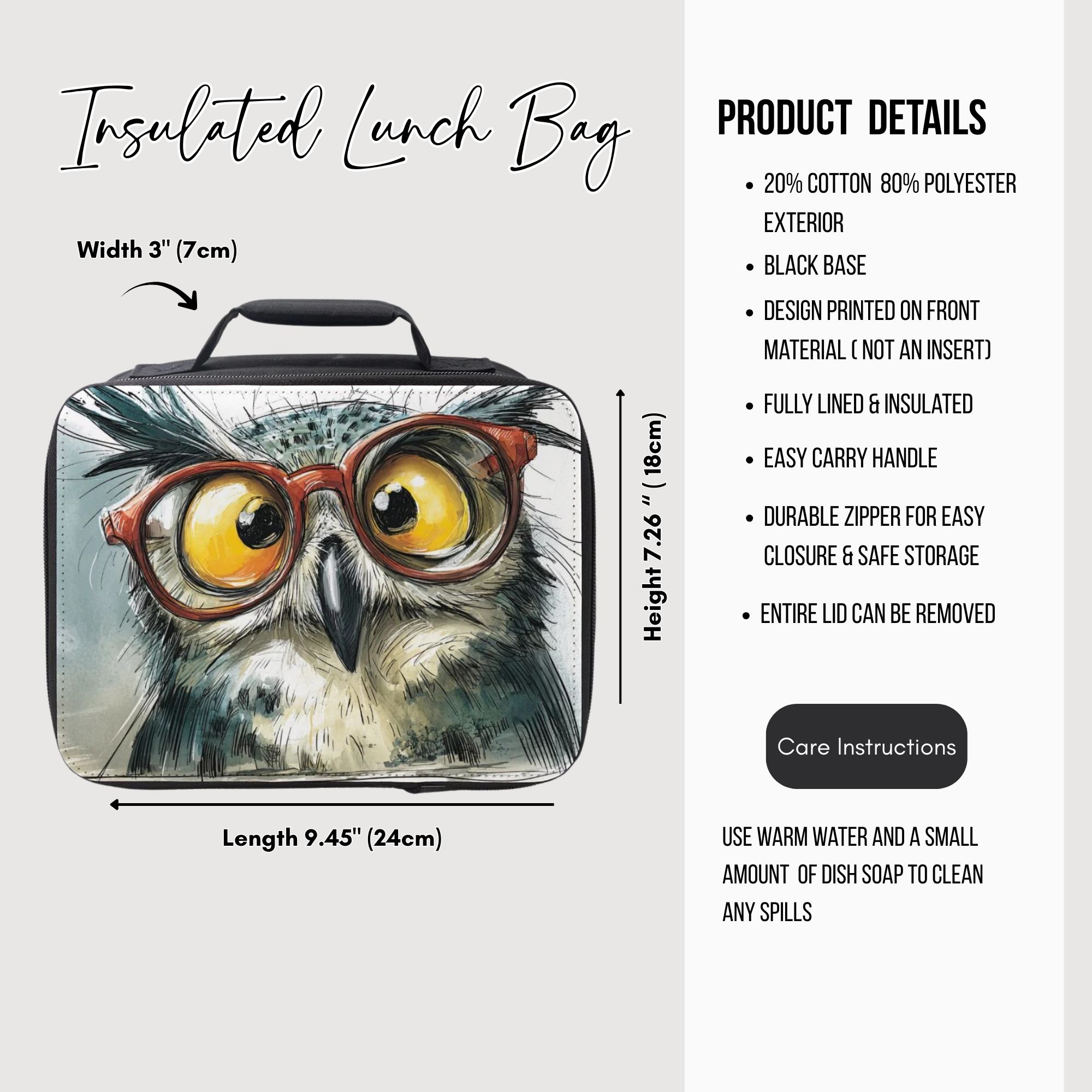 Insulated lunch bag with owl design and product details on a white background