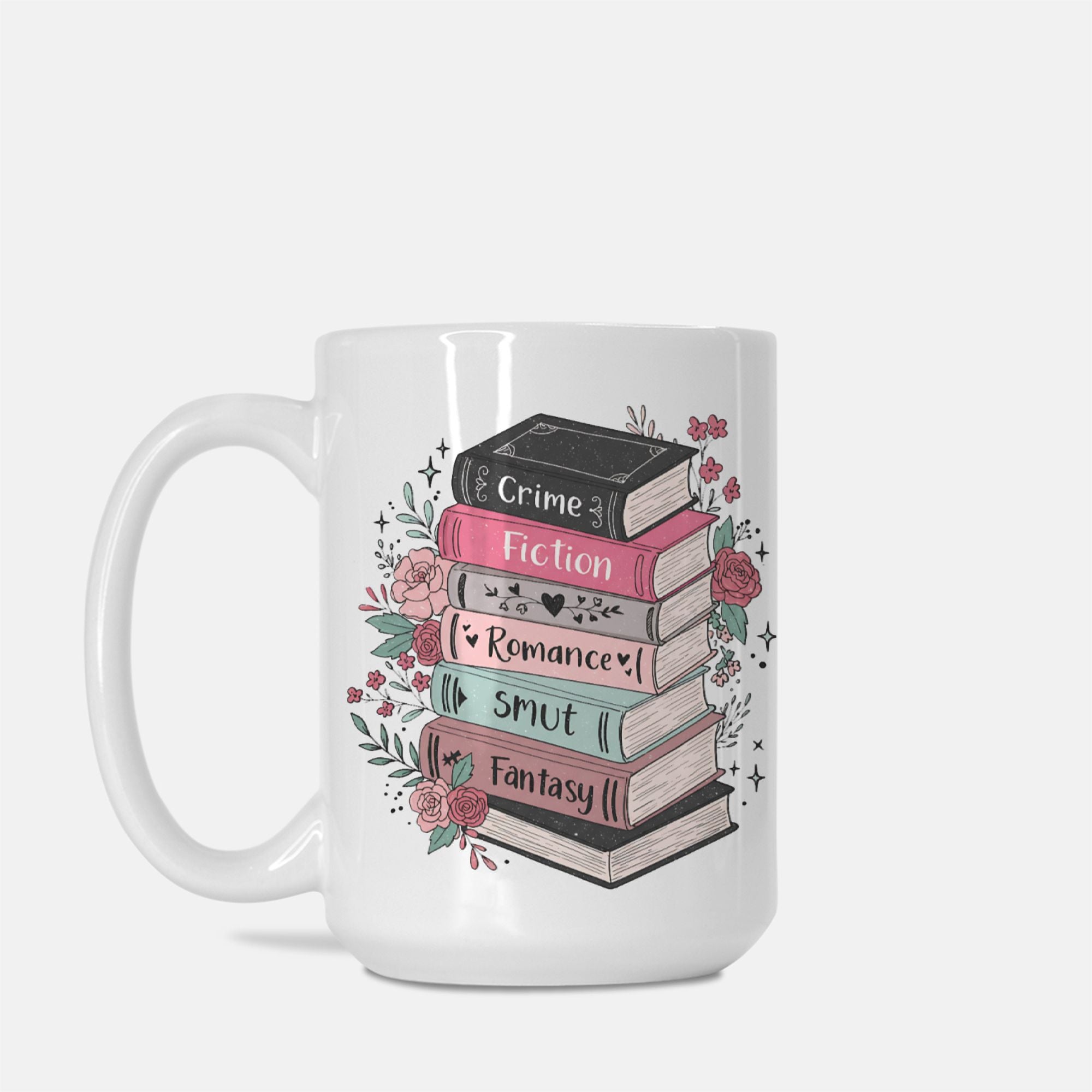 White mug with book-themed design on a white background
