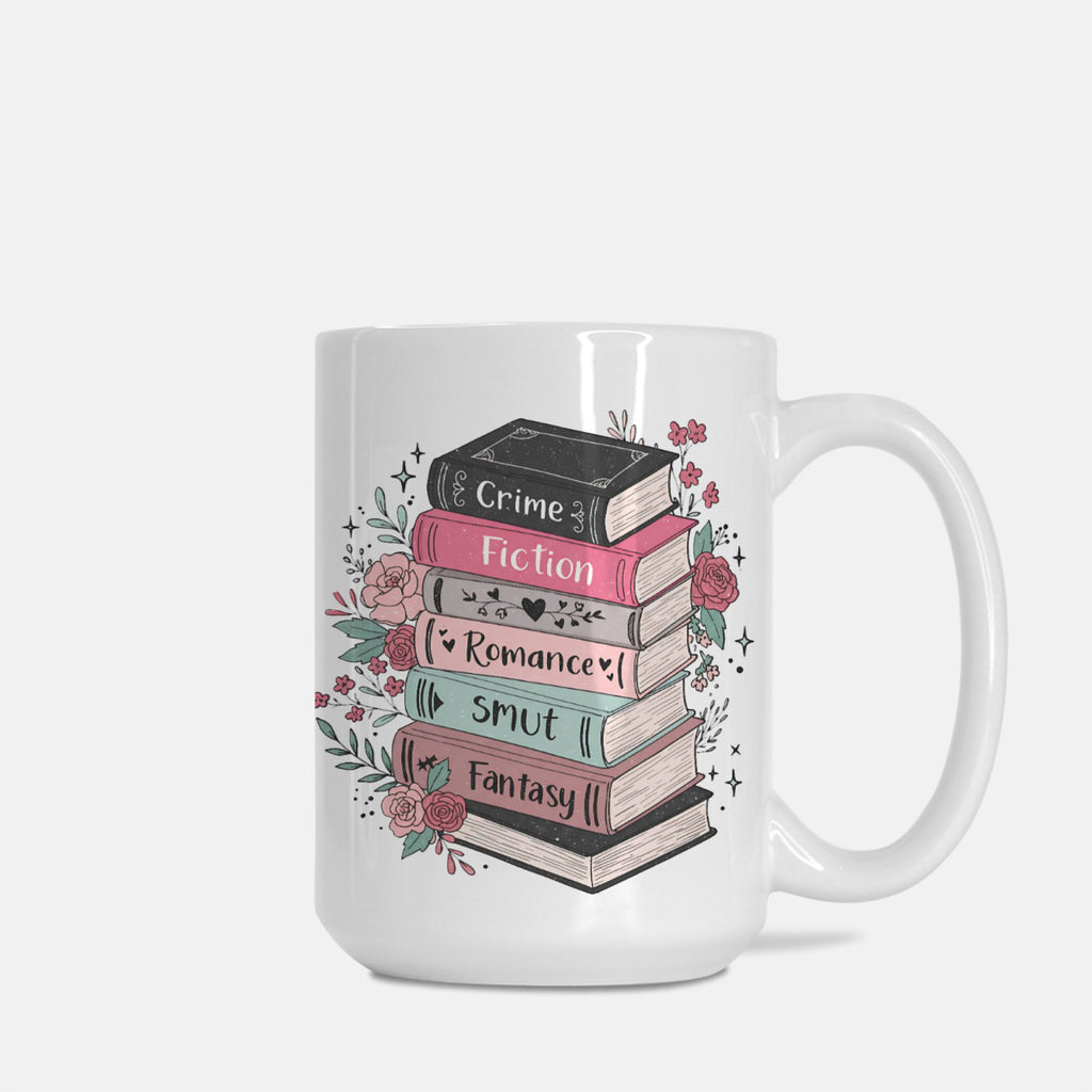 White mug with book-themed design on a white background