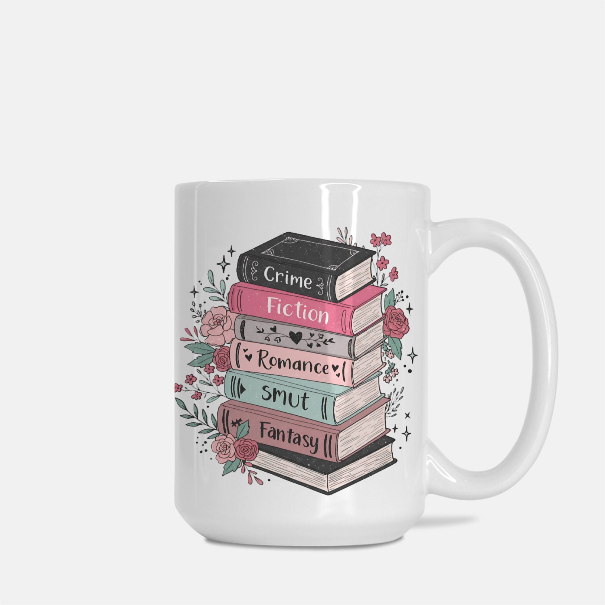 White mug with book-themed design on a white background