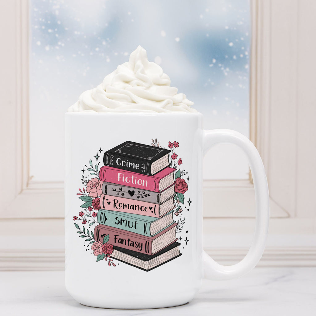 White mug with book stack design featuring genres like Crime, Fiction, Romance, etc., against a snowy window background.