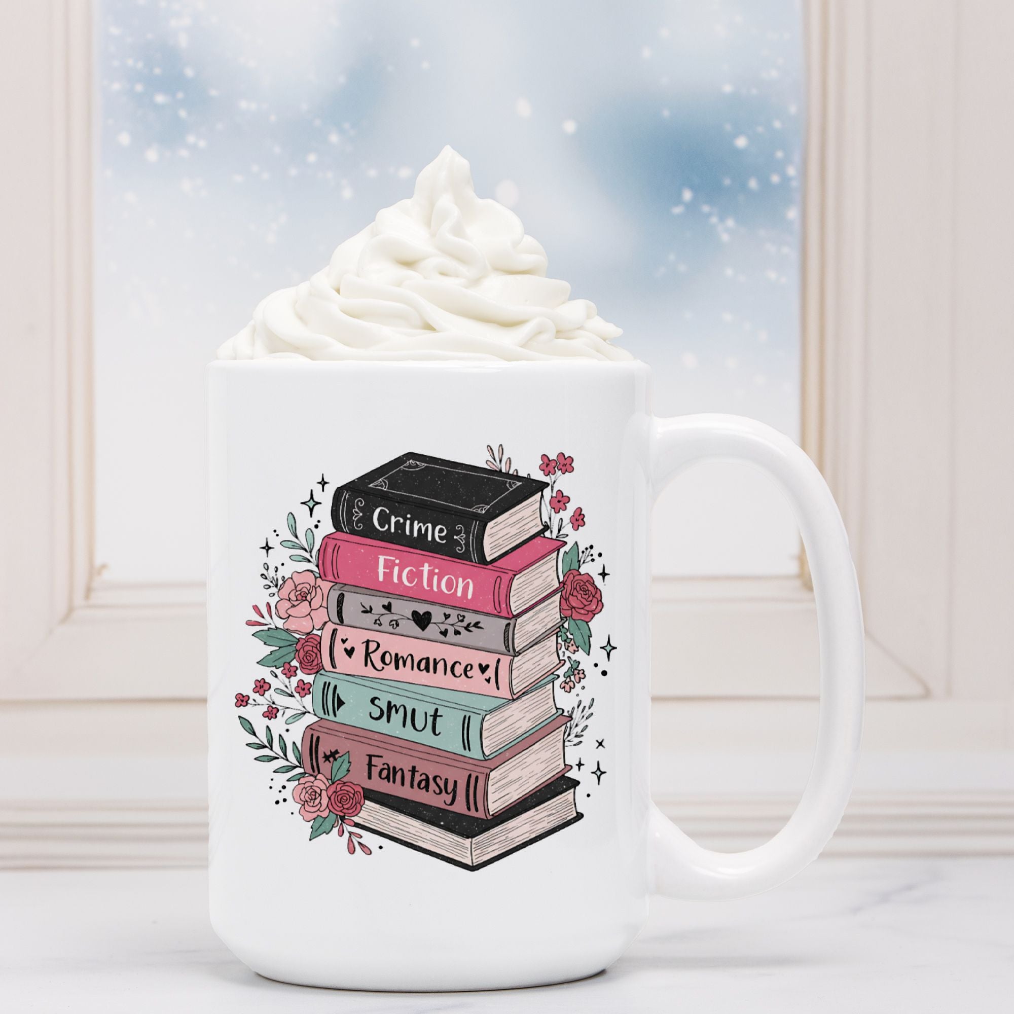 White mug with book stack design featuring genres like Crime, Fiction, Romance, etc., against a snowy window background.