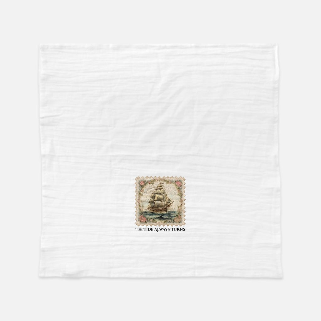 White t-shirt with a ship stamp design and text on a white background