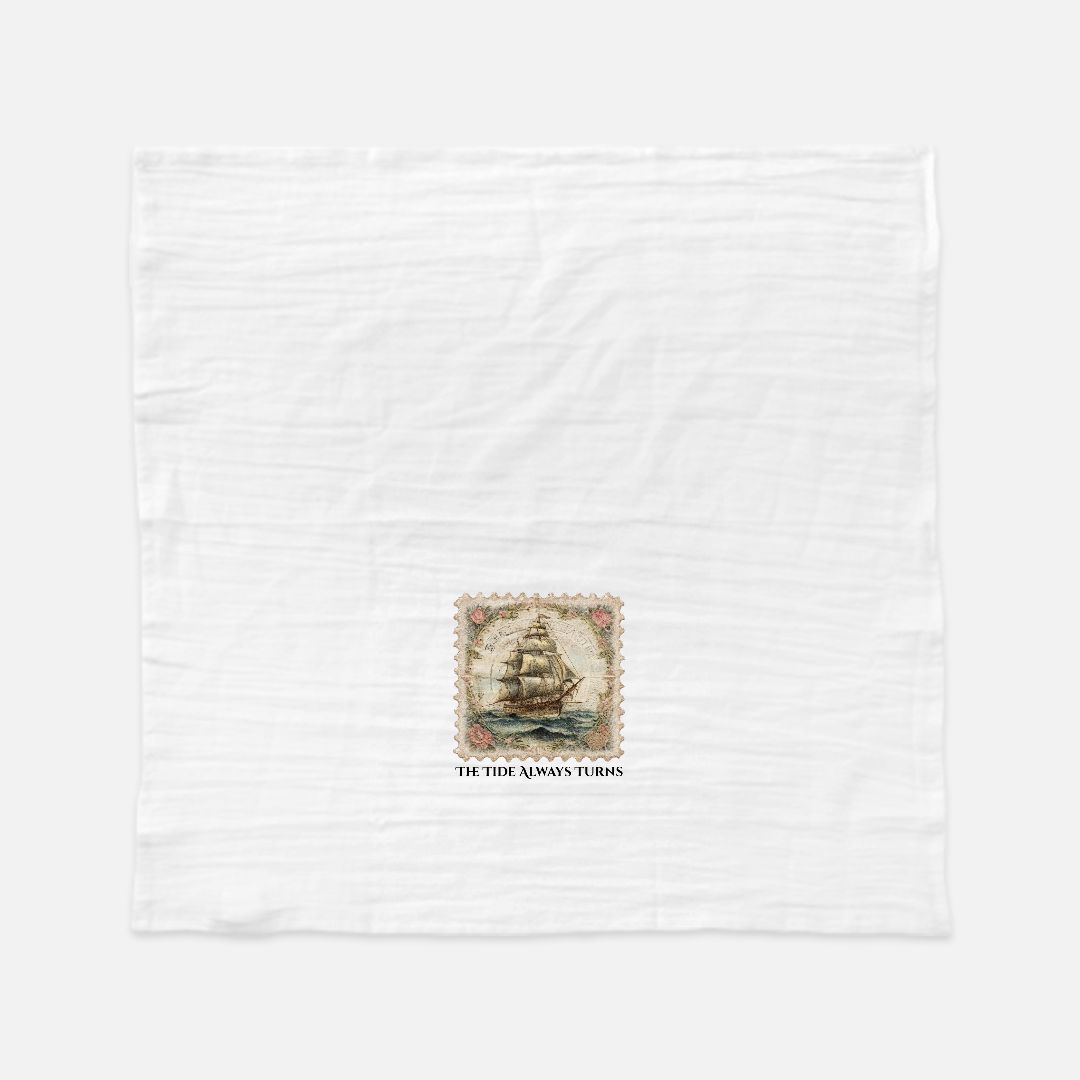 White t-shirt with a ship stamp design and text on a white background