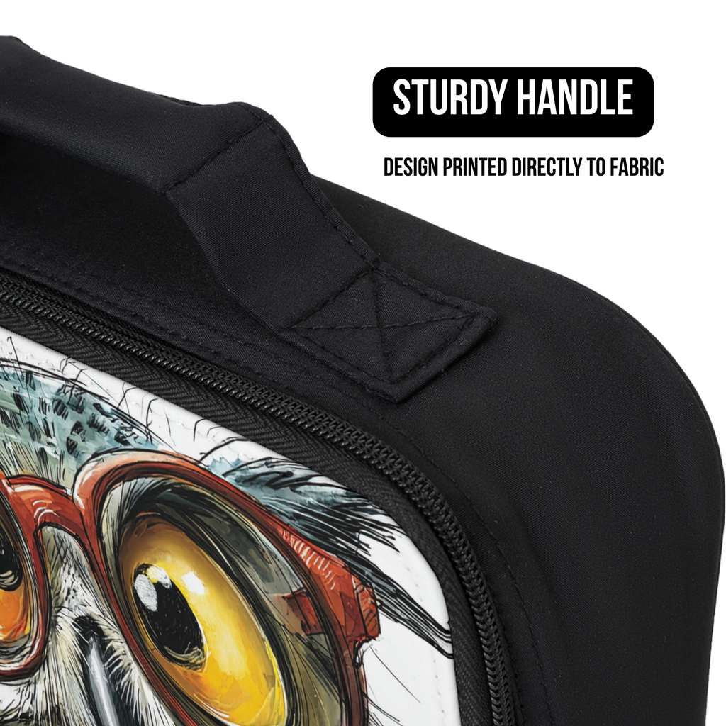 Black bag with a design of an owl wearing glasses, featuring a sturdy handle.