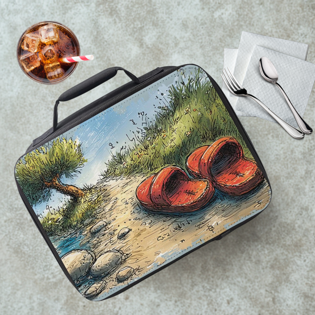  insulated lunch bag with a pair of slippers on a nature trail design on a cafeteria table with a drink and utensils.