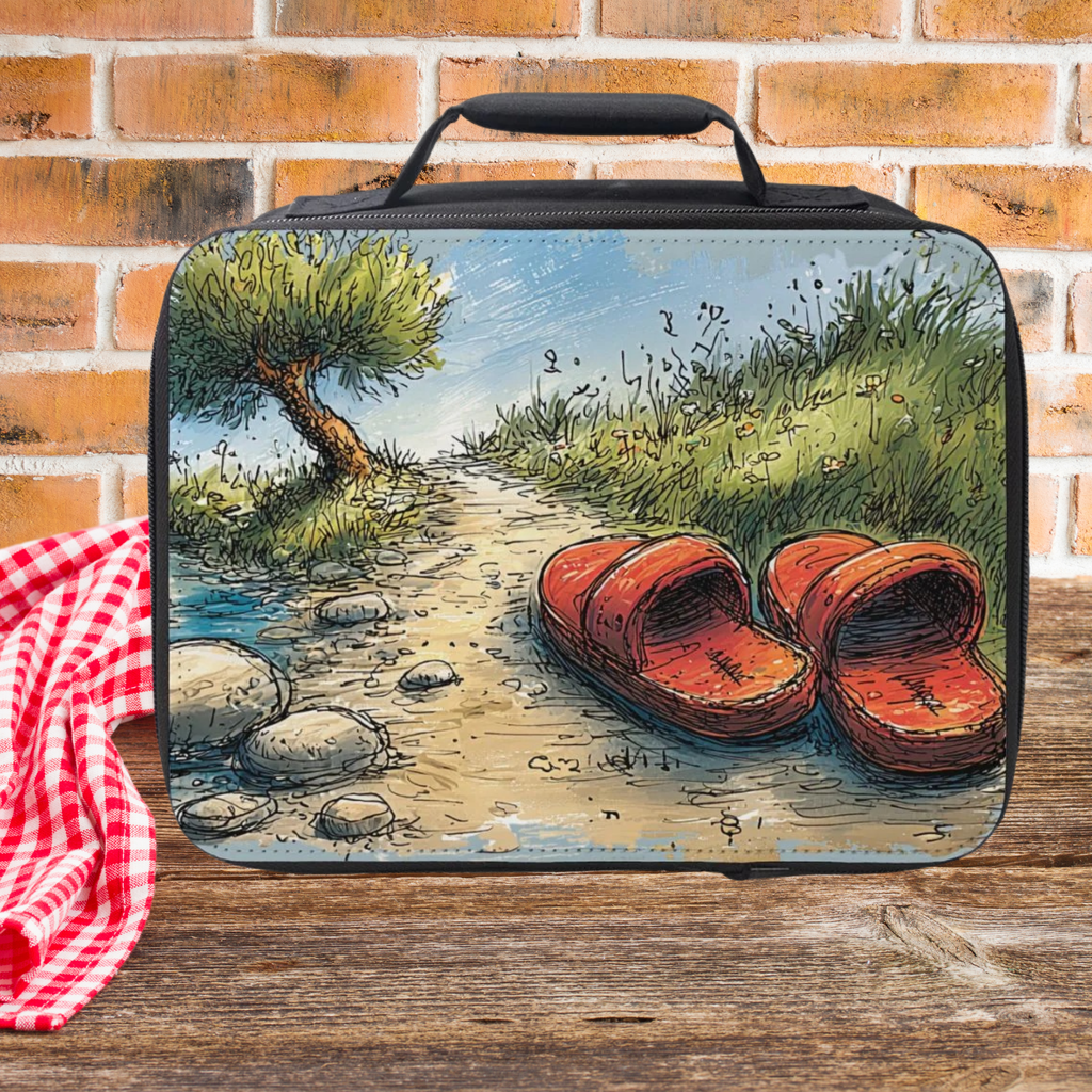 Lunch bag with a scenic design of sandals, grass, and a tree on a wooden picnic table against a  brick wall background