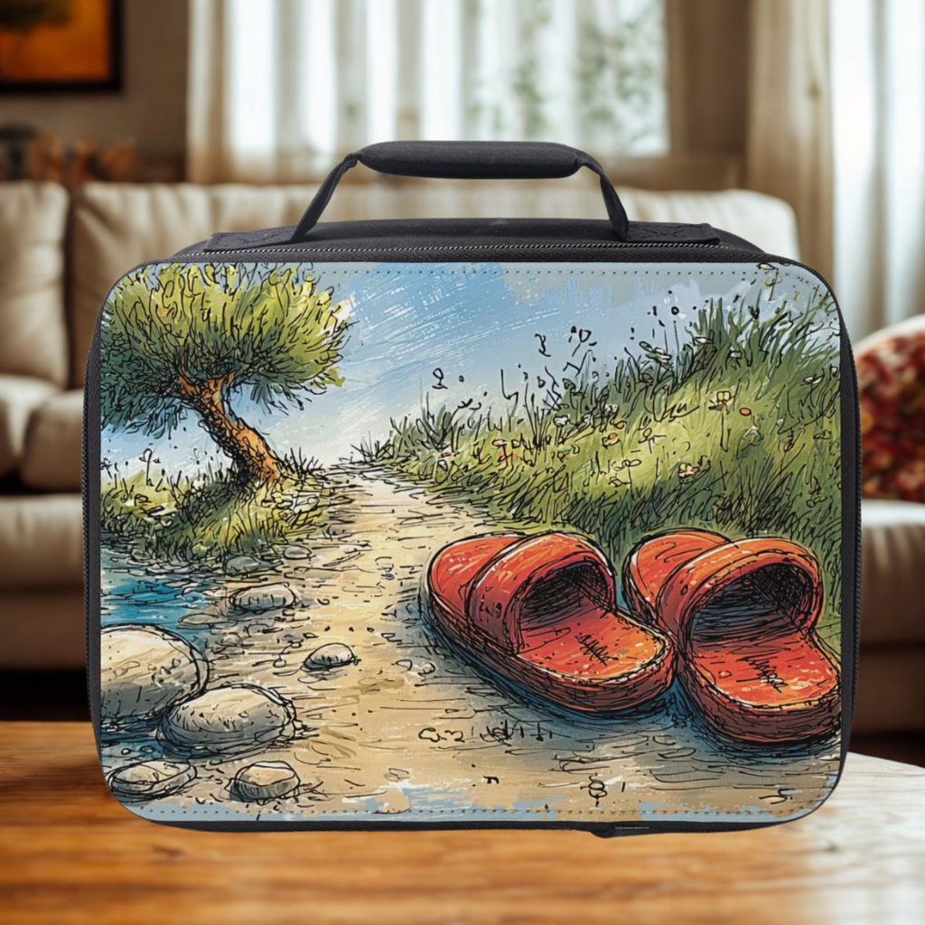 Lunch bag with a design of sandals on a path in a garden on a wooden living room table.
