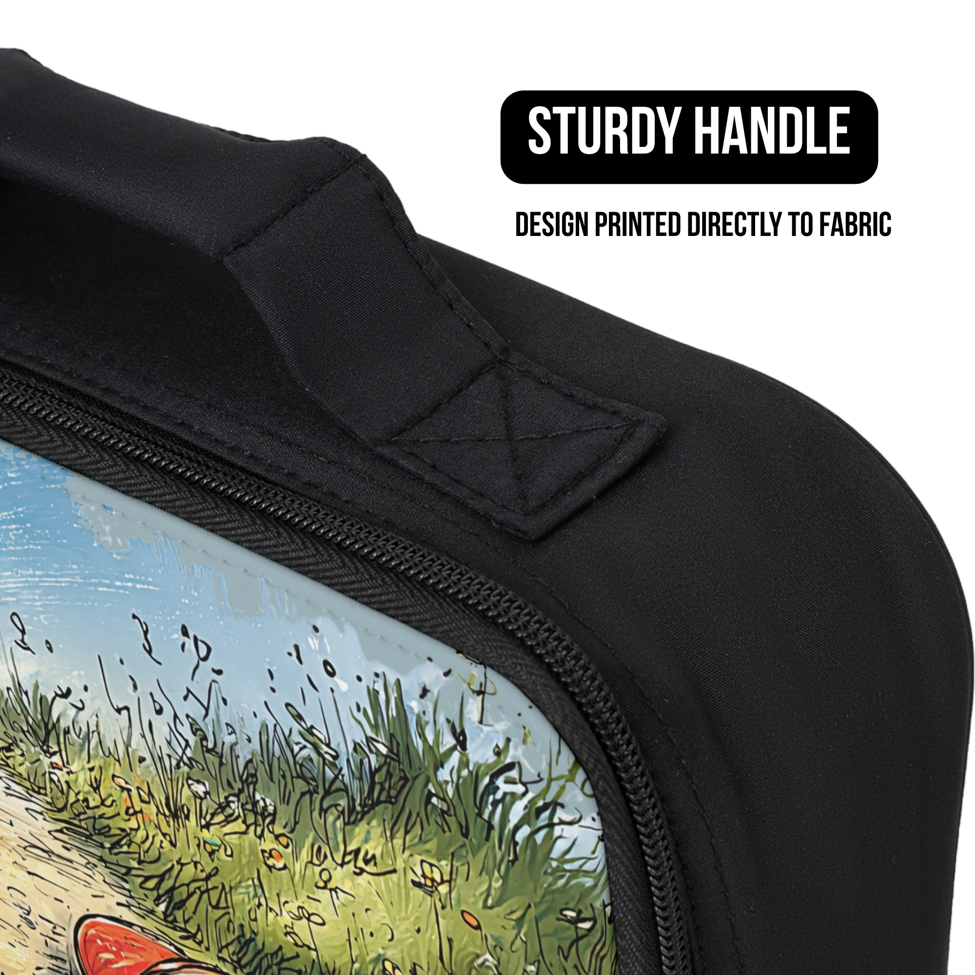 Black lunch bag with a printed design of a nature scene and text about a sturdy handle.