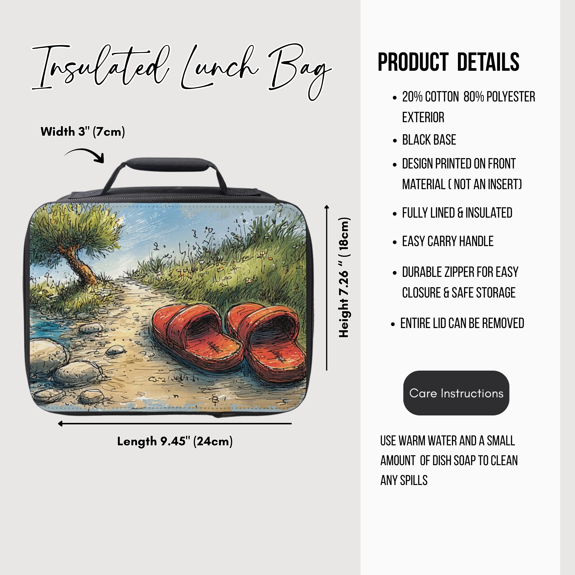 Insulated lunch bag with nature design and product details on a white background