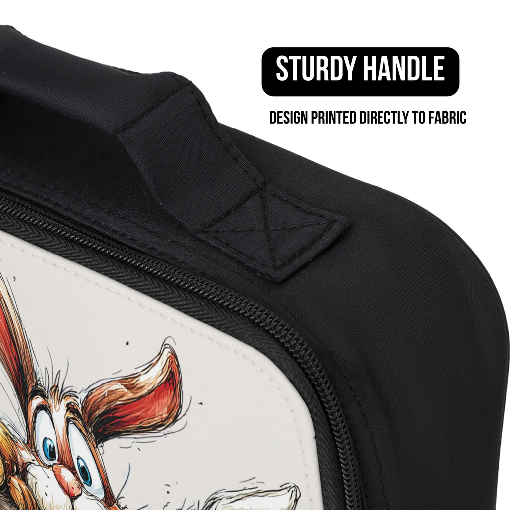 Black lunch bag with cartoon character rabbit design and 'Sturdy Handle' text on a white background